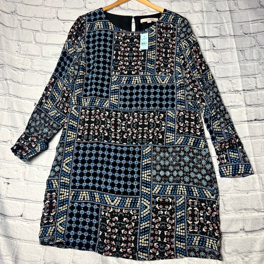 LOFT Petite‎ Dress Women's Size 8P Long Sleeve Floral Print NWT Patchwork Casual